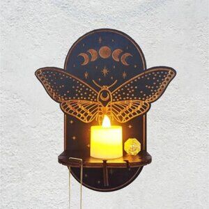 Moth & Moon Phases Small Wooden Decorative Shelf Crystal Holder Witchy Wiccan